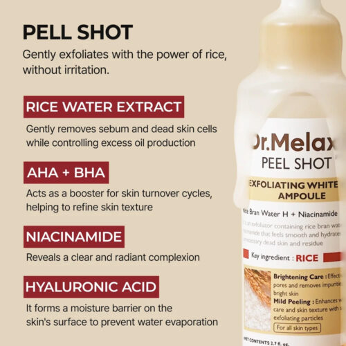 آمپول پیل شات لایه بردار و روشن کننده برنج دکتر ملاکسین Dr.Melaxin Peel Shot Glow White Rice Peeling Ampoule